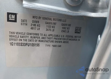 2015 Chevrolet Impala 2Lz из США, поврежденный, VIN 1G1165S33FU109196